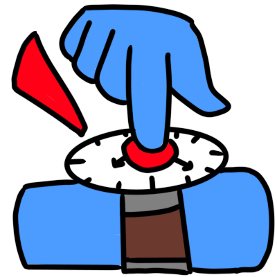 a blue hand tapping an analogue wristwatch with one finger. there is a red circle on the wristwatch where it is being tapped, and a red triangle to the upper left of the picture.